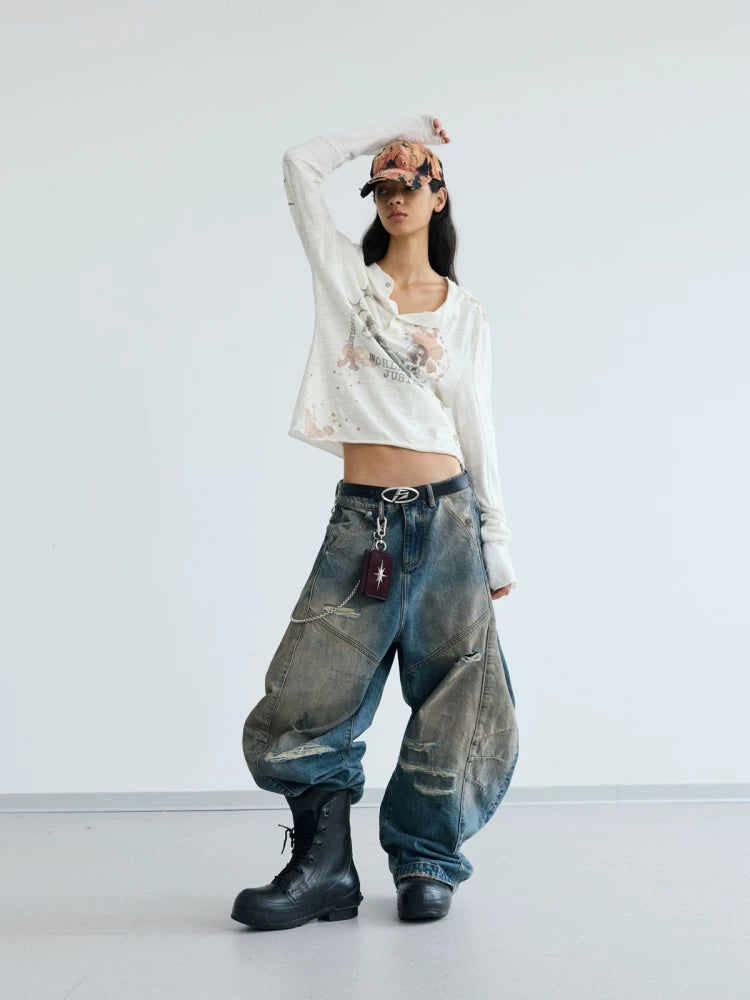 PEOPLESENSE Deconstructed Pleated Yellow Mud Dyed Ripped Scimitar Pants