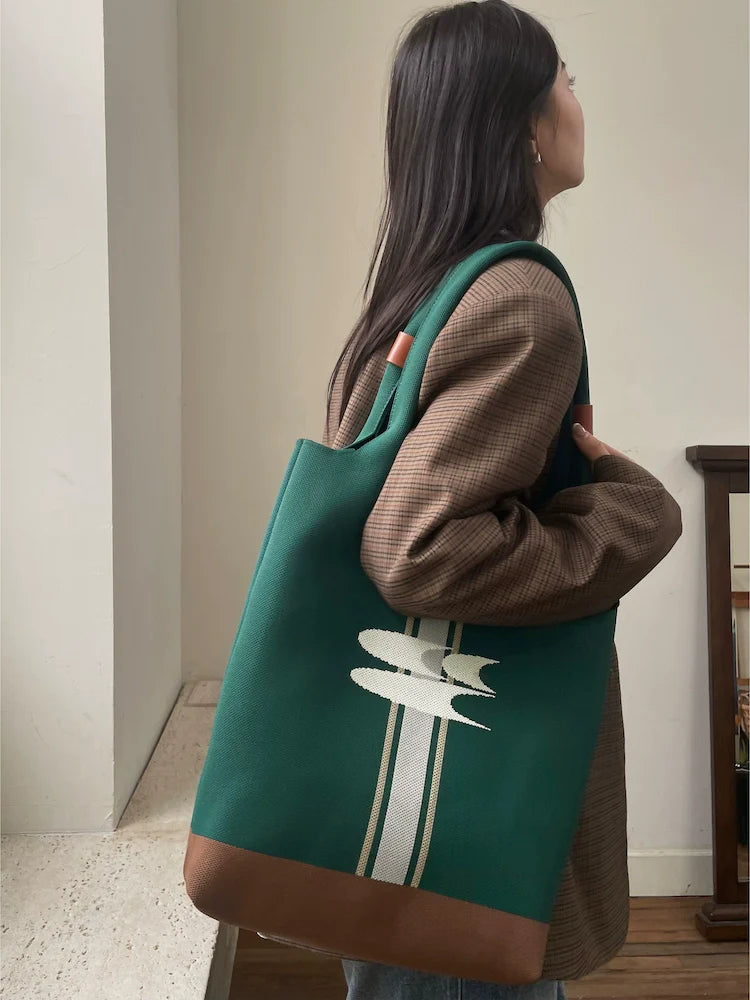 CryingCenter Vintage Green Knitted Tote Bag Large Capacity Shoulder Tote Bag