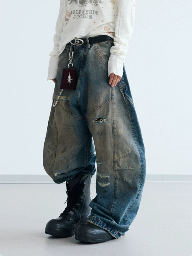 PEOPLESENSE Deconstructed Pleated Yellow Mud Dyed Ripped Scimitar Pants