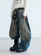 PEOPLESENSE Deconstructed Pleated Yellow Mud Dyed Ripped Scimitar Pants