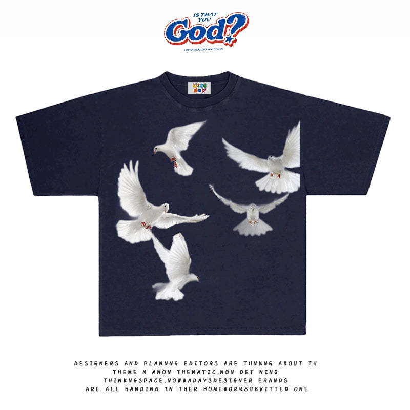 GOODGOD Peace Dove Printed Loose T-Shirt