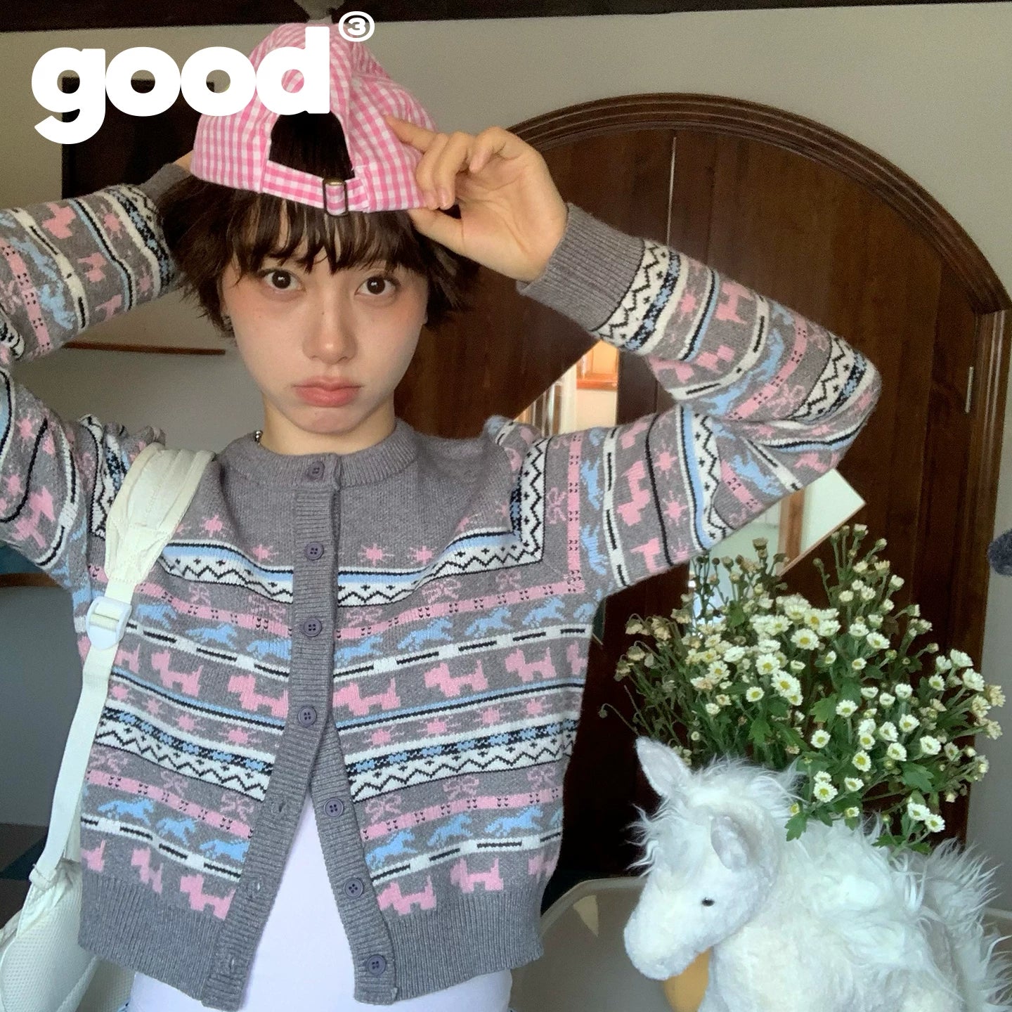 MeihaoStore Ranch Party Sweetheart Contrast Color Fair Isle Sweater Cardigan