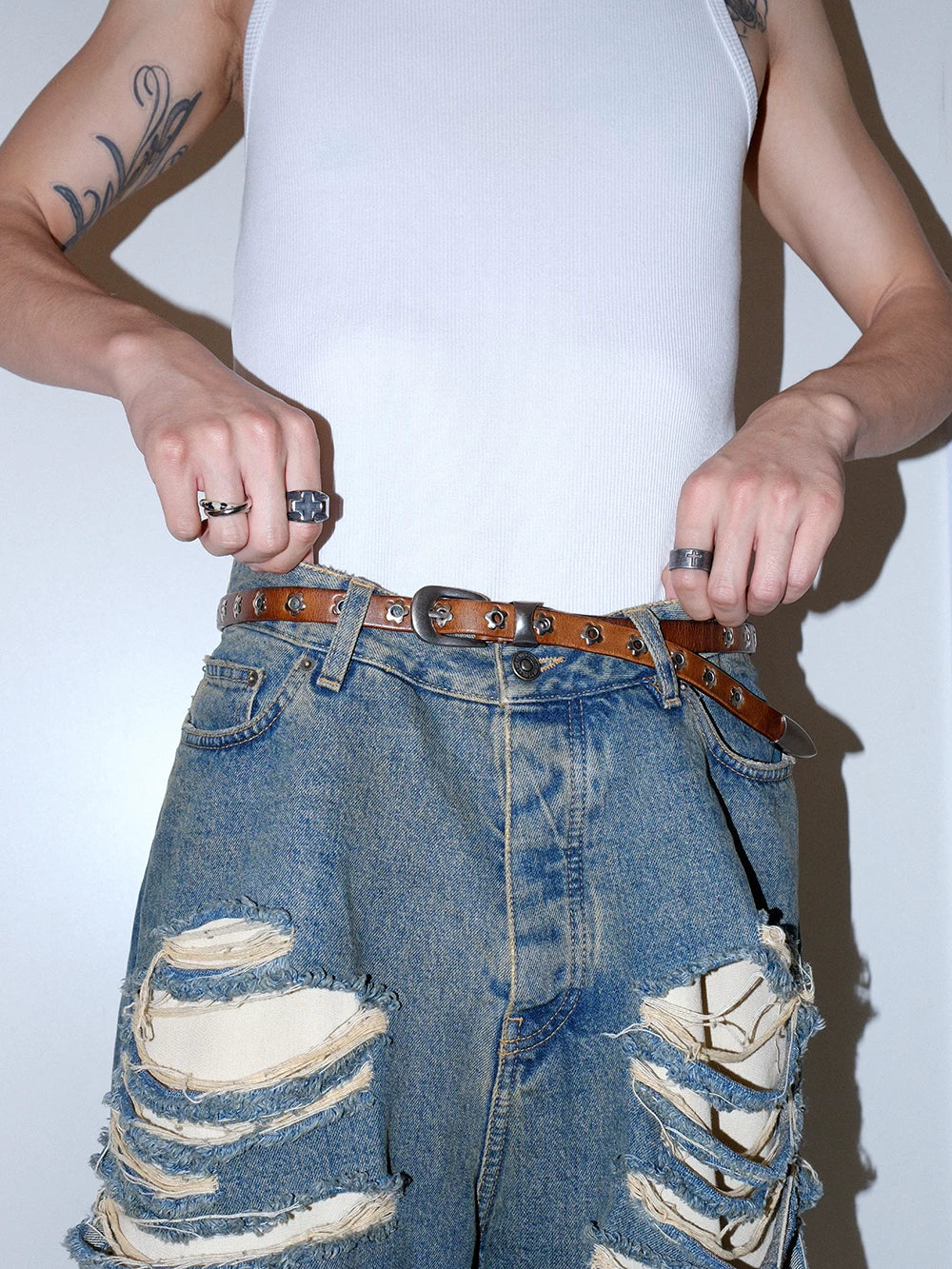 Darkblue Store Brown Distressed Leather Flower Buckle Belt