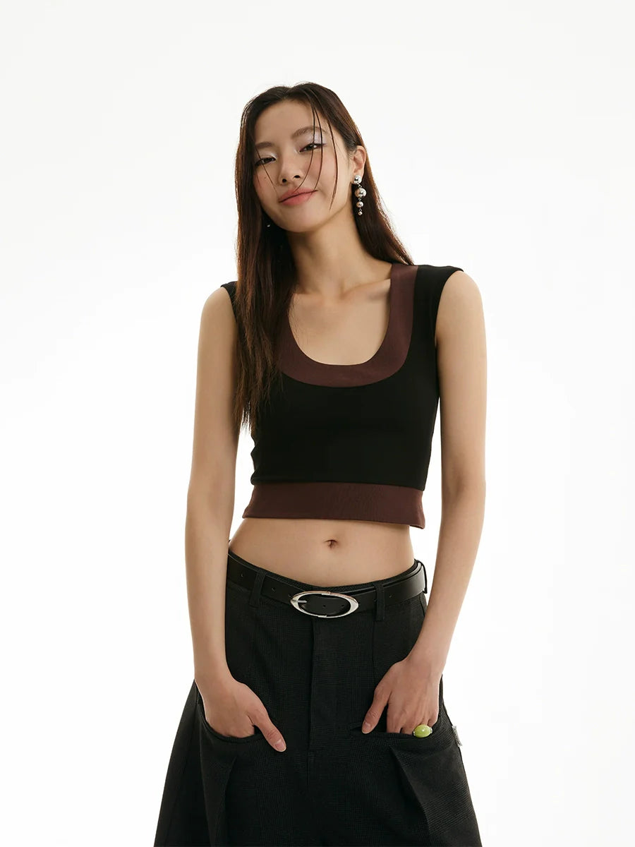 FUNKYFUN Contrast Color Large U-neck Sleeveless Vest