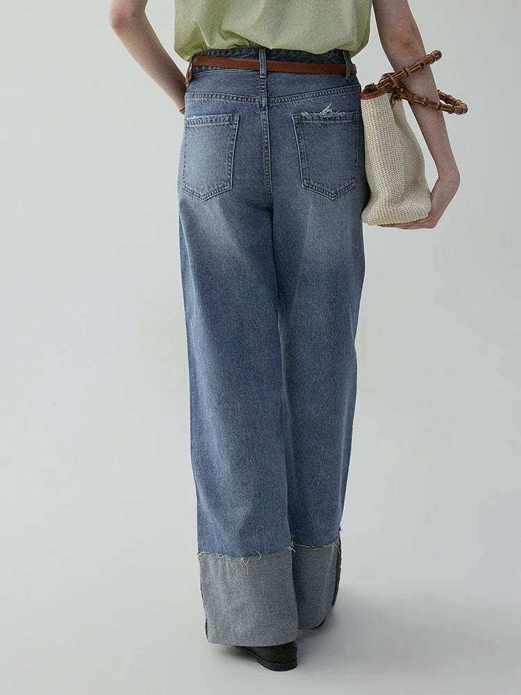 VOOE Korean Loose Fold-Over Curled Wide-Leg Jeans