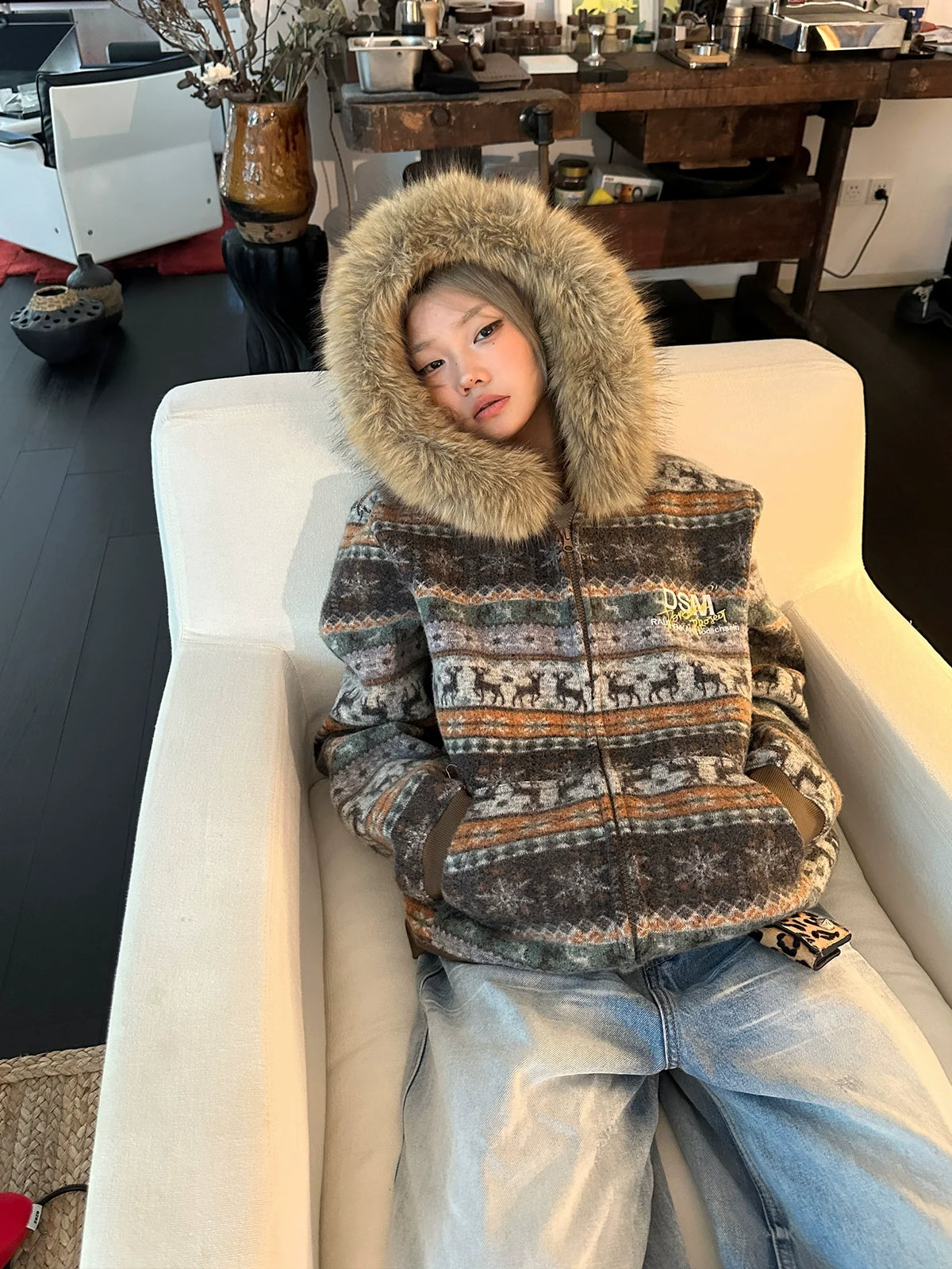 DONSMOKE Front Shoulder Fur Collar Thermal Casual Jacket