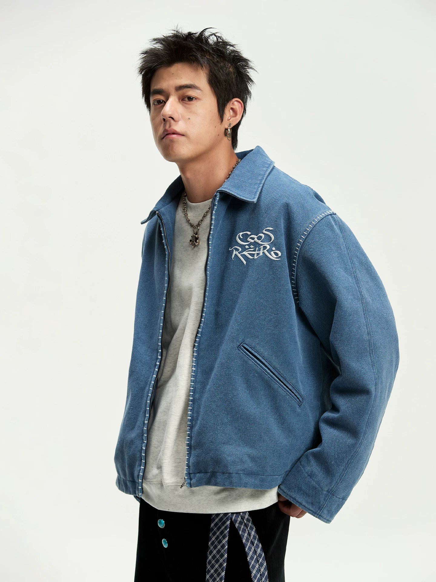 CoosRetro Vintage One-Word Embroidered Craft Shirt Jacket