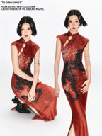 YEDM Dragon Print Stand-up Collar Sleeveless Dress