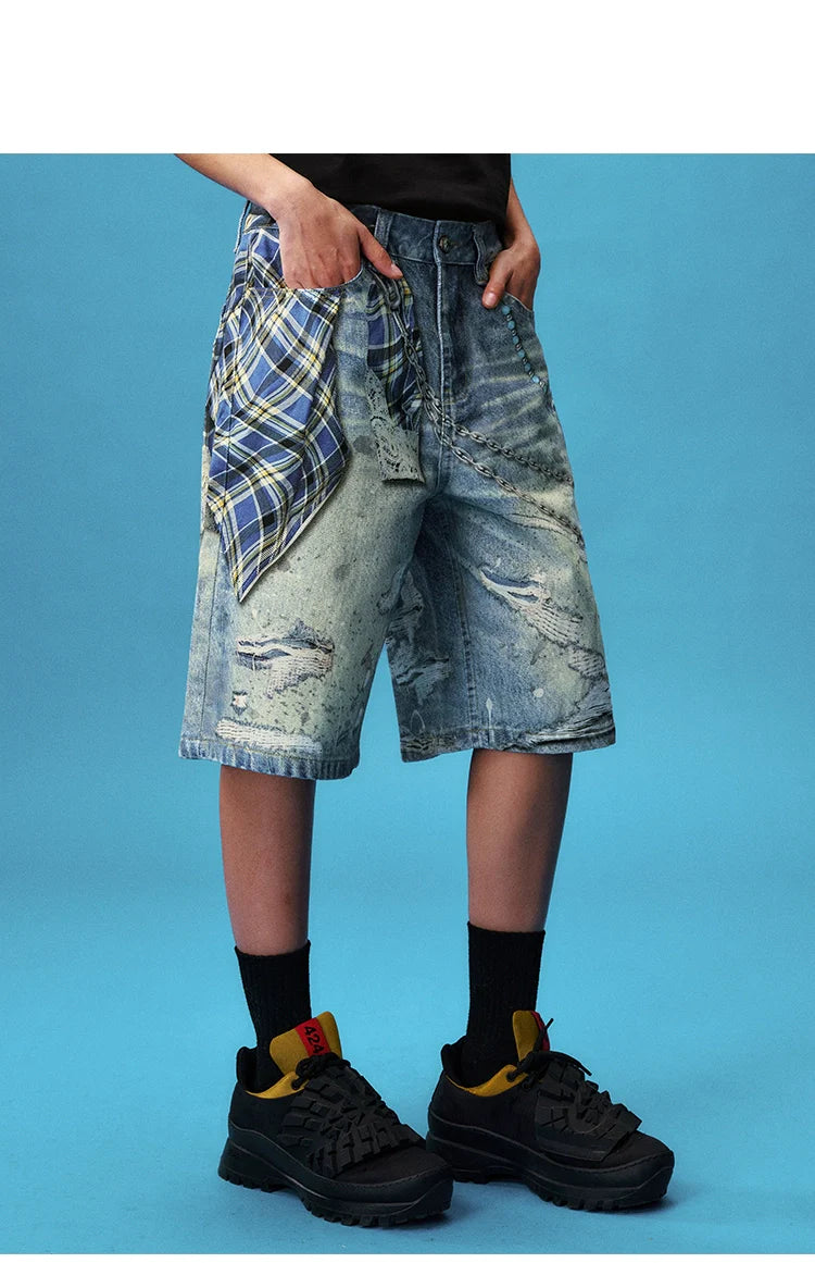YADcrew Plaid Shirt Chain Print Denim Shorts