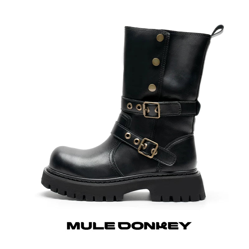 Donkey Thick Heeled Mid Calf Belt Boots