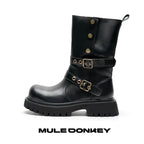 Donkey Thick Heeled Mid Calf Belt Boots