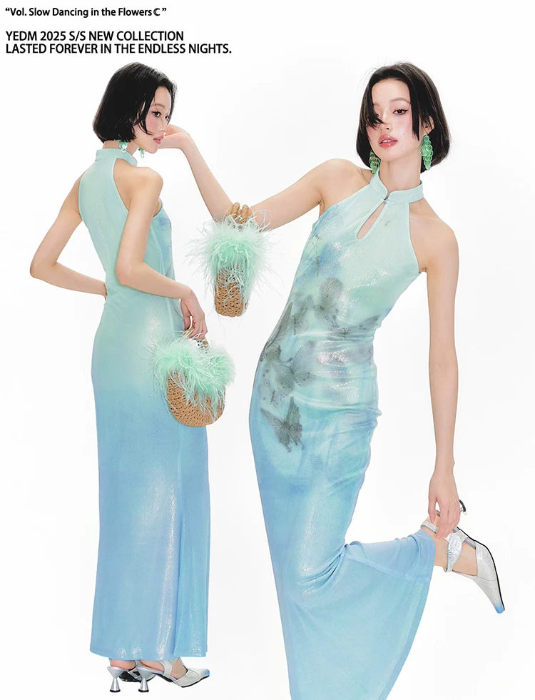 YEDM Butterfly Print Neck Fishtail Dress