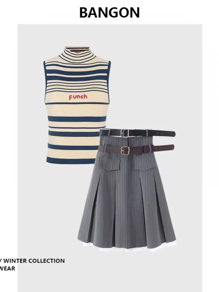 BANGON College Style High-Waist Two-Piece Suit Skirt
