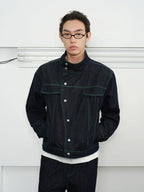 KREATE Contrasting Bright Line Diagonal Placket Stand-up Collar Denim Jacket