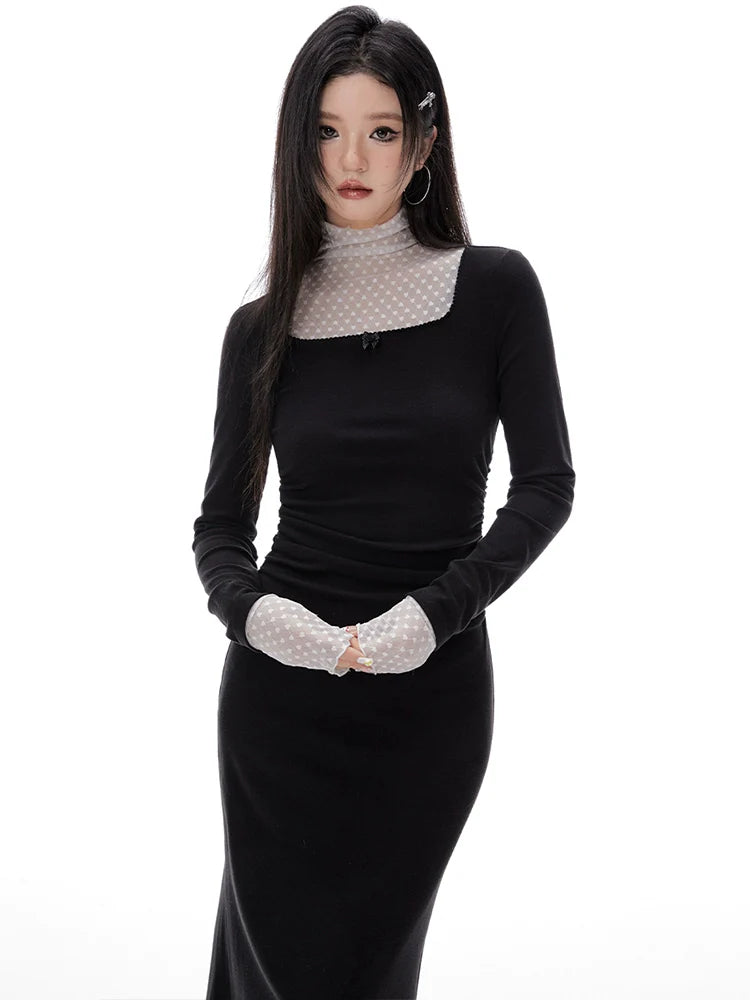 Imone Pleated Waist Mesh Stitching Semi-turtleneck Dress