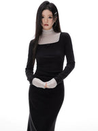 Imone Pleated Waist Mesh Stitching Semi-turtleneck Dress