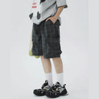 STILLYOU Simple Double Overalls Pocket Plaid Suit Shorts