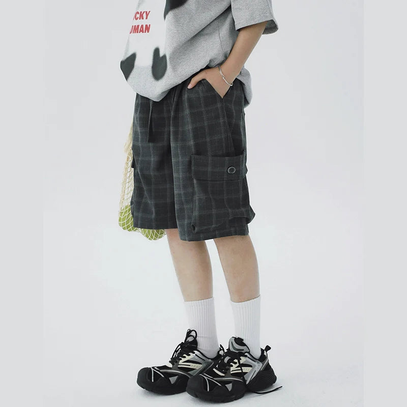 STILLYOU Simple Double Overalls Pocket Plaid Suit Shorts