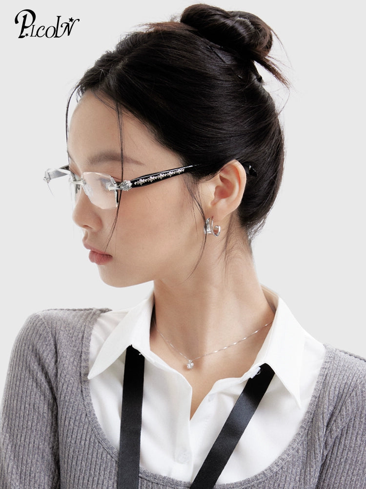 PLCOIN Rimless Carved Retro Cross Metal Glasses Anti-Blue Light Myopia