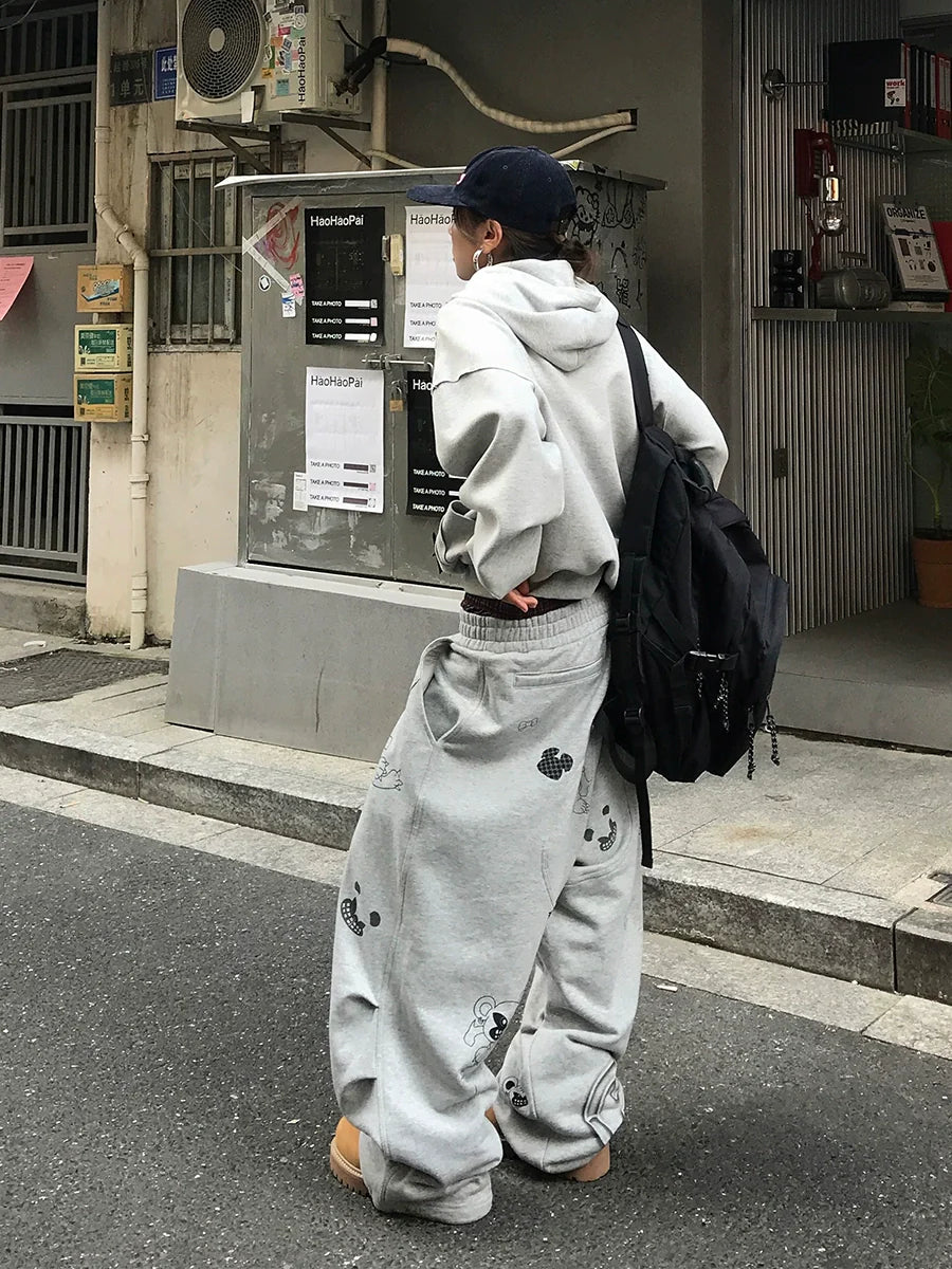 DND4DES Graffiti Print Double Waist Splicing Gray Sweatpants