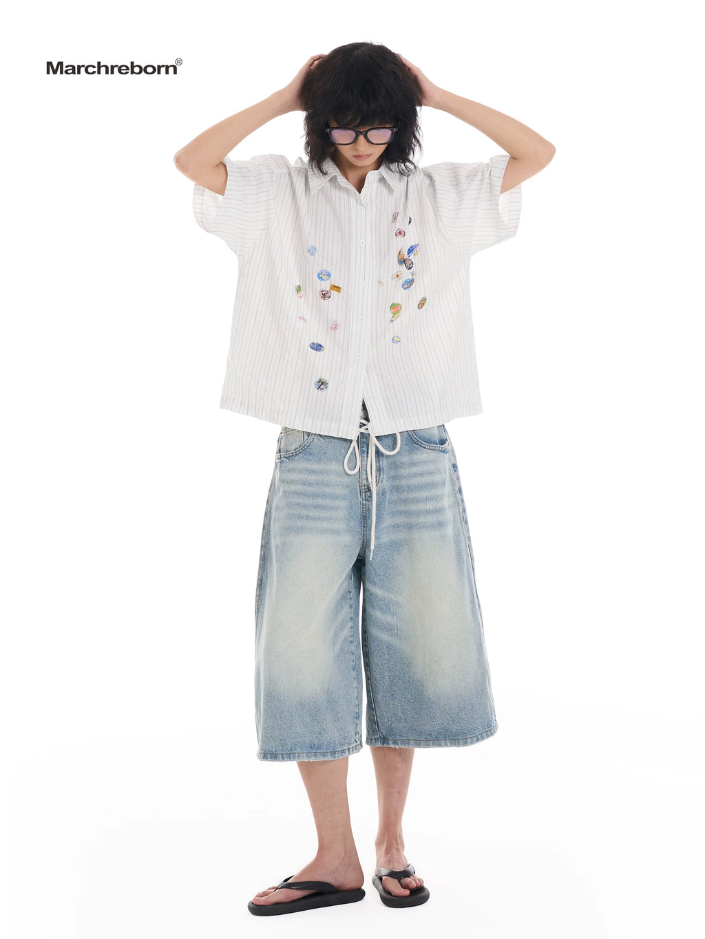 March Easy Sticker Printed Striped Short Sleeve Shirt