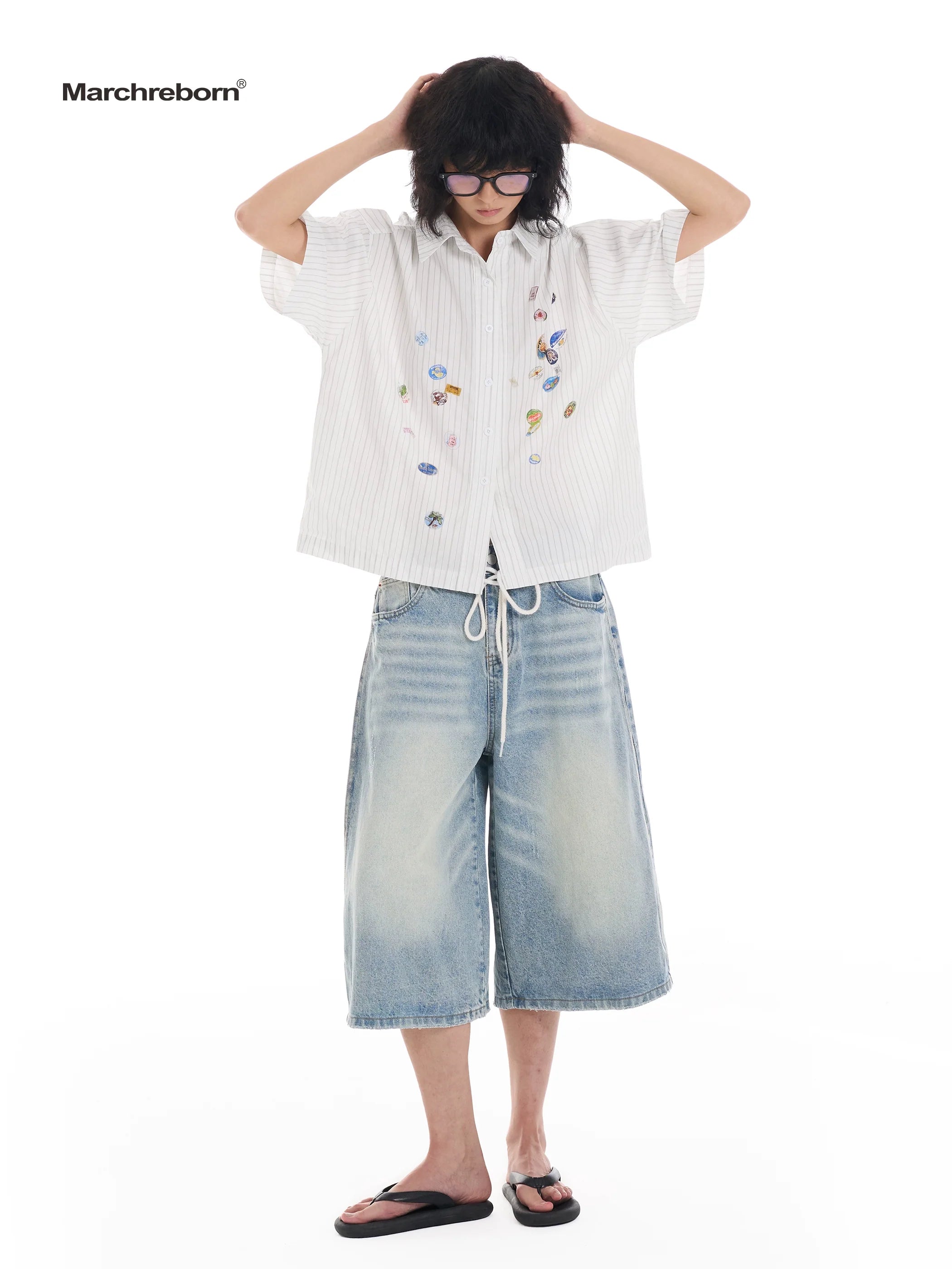 March Easy Sticker Printed Striped Short Sleeve Shirt