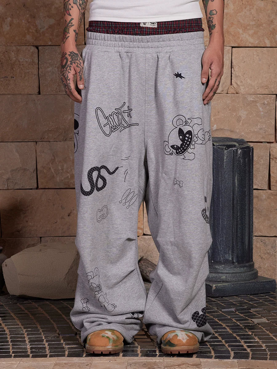 DND4DES Graffiti Print Double Waist Splicing Gray Sweatpants