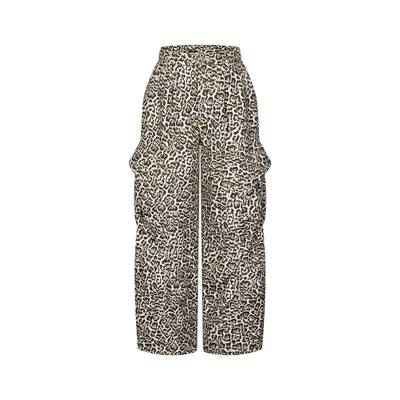 MeihaoStore Leopard Print Pocket Embroidery Wide Leg Overalls