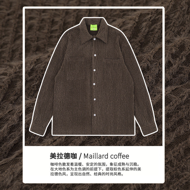 American Vertical Striped Textured Lapel Long-Sleeve Shirt