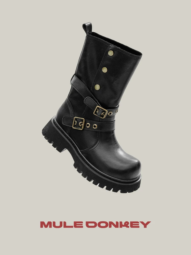 Donkey Thick Heeled Mid Calf Belt Boots