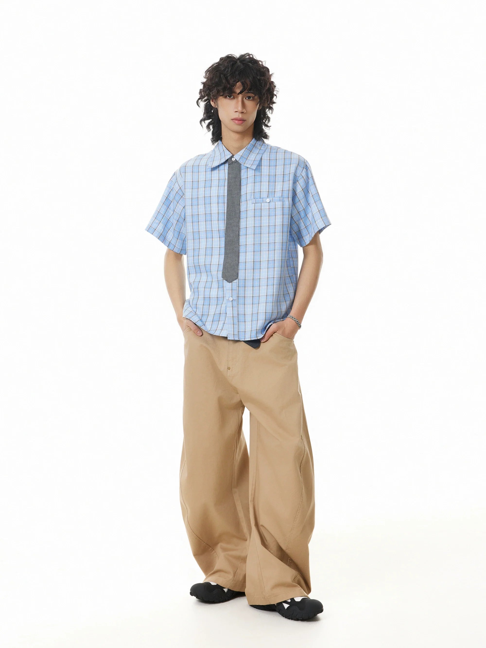 BTSG Detachable Tie Plaid Short Sleeve Shirt