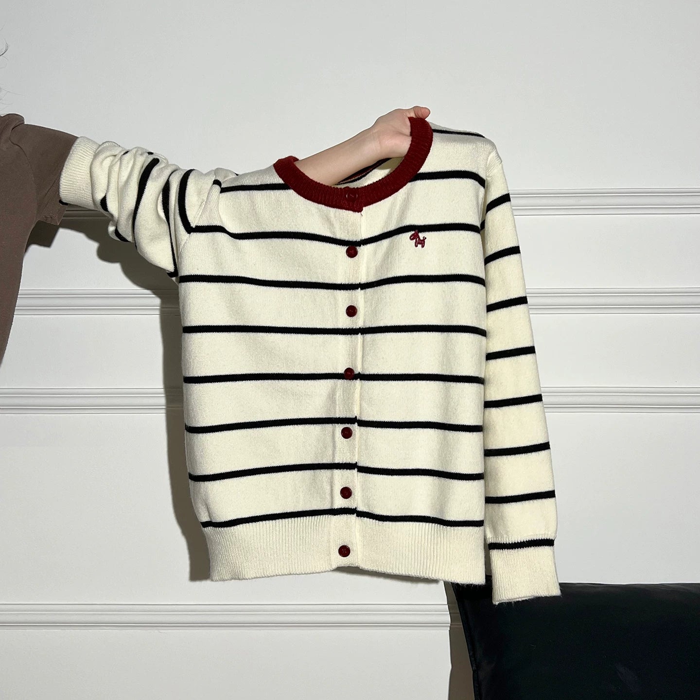 AUDISTY Pony Embroidery Contrast Striped Sweater Cardigan