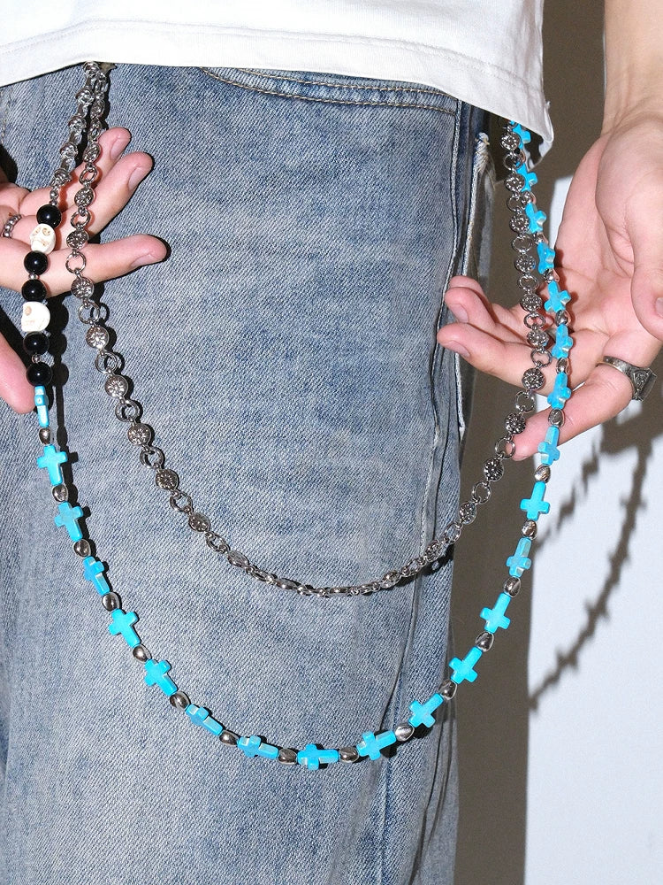 Darkblue Store Retro Blue Cross Skull Punk Trouser Chain