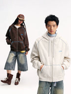 Mr. Jiangnan NewJNXS Constant Warm Leather Contrast Hooded Cardigan Jacket