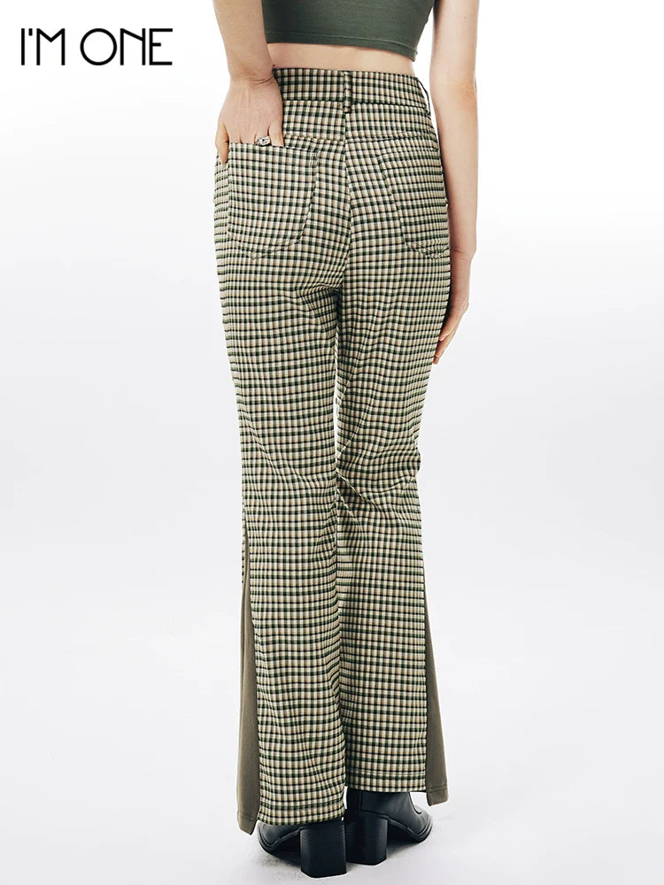 Imone Retro Slim Plaid Splicing High-waisted Flared Pants