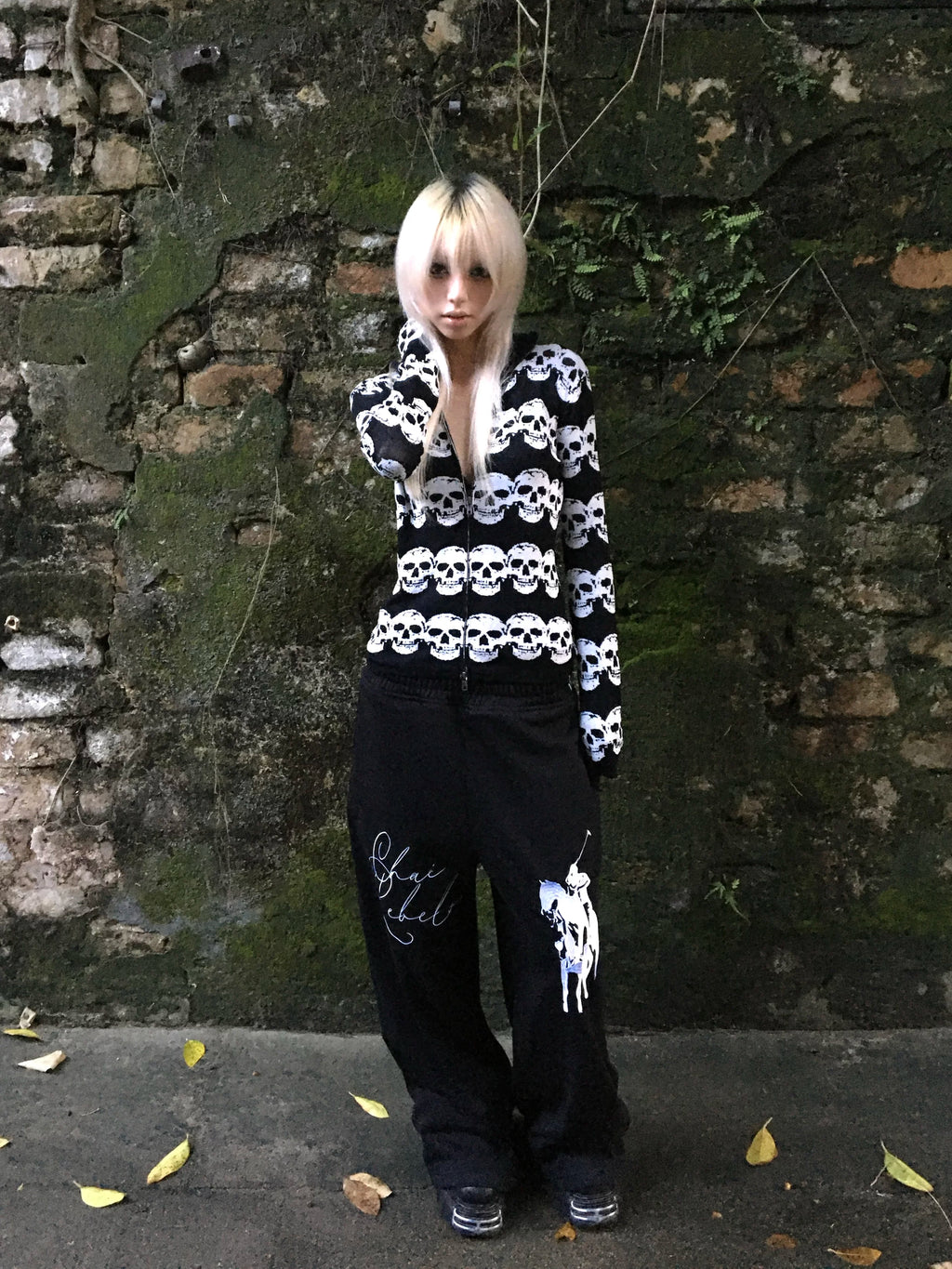 noEmosen Black White Skull Jacquard Wool Cardigan Jacket