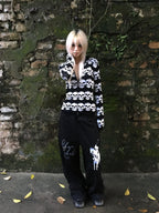 noEmosen Black White Skull Jacquard Wool Cardigan Jacket