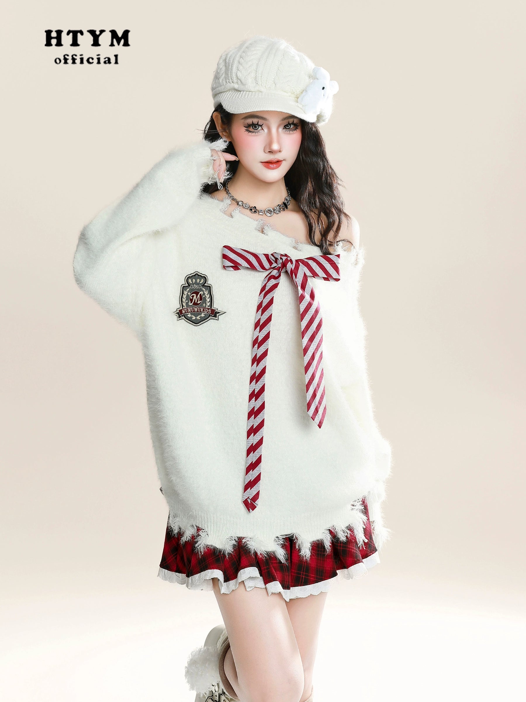 HTYM Striped One-Shoulder Mohair Sweater for Women