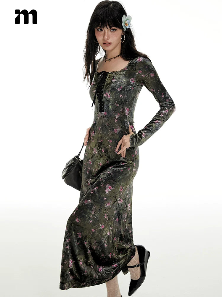 Imone Retro Chest Strap Waist Slim Square Neck Velvet Dress