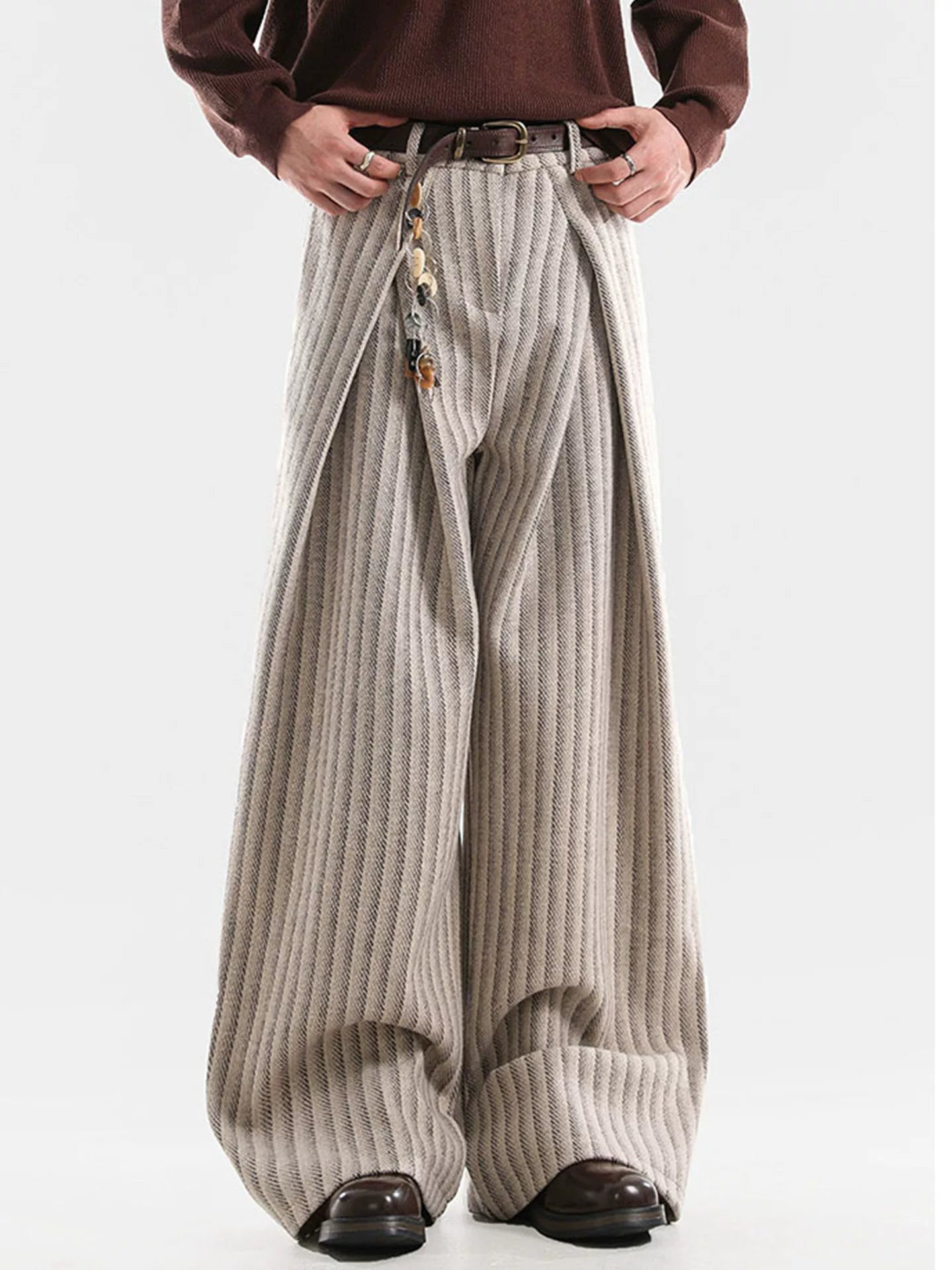 American Retro Pleated Striped Wool Wide Leg Pants