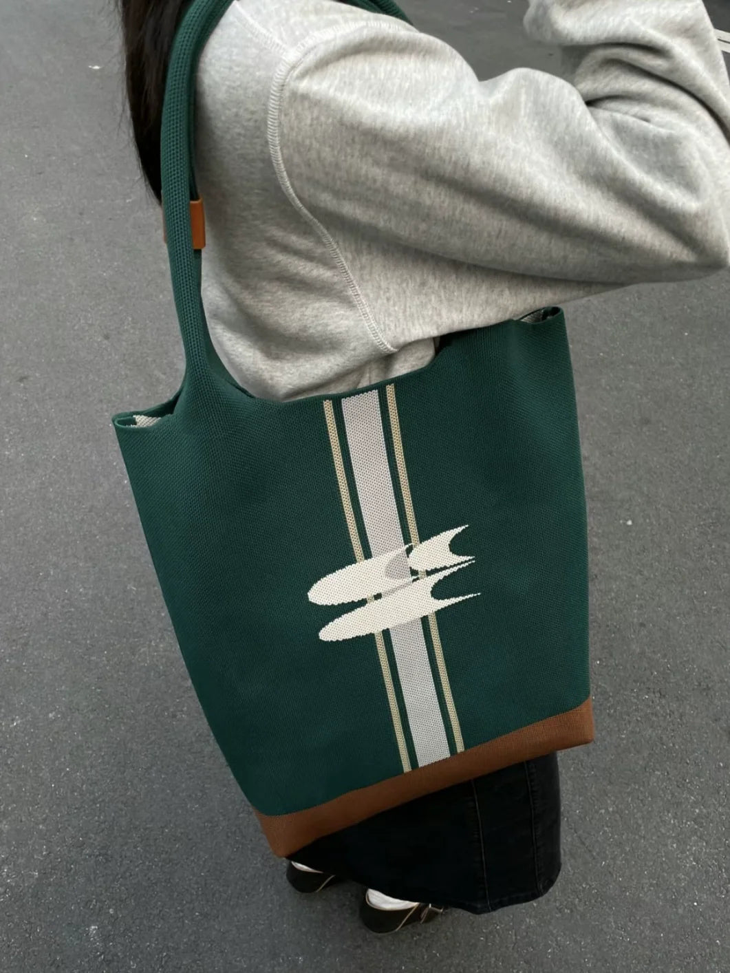 CryingCenter Vintage Green Knitted Tote Bag Large Capacity Shoulder Tote Bag