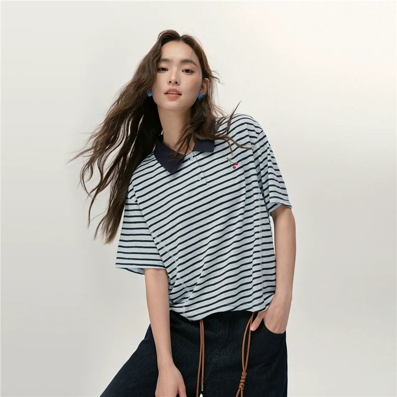 Giordano Contrasting Striped Cherry Embroidered Lapel Tee