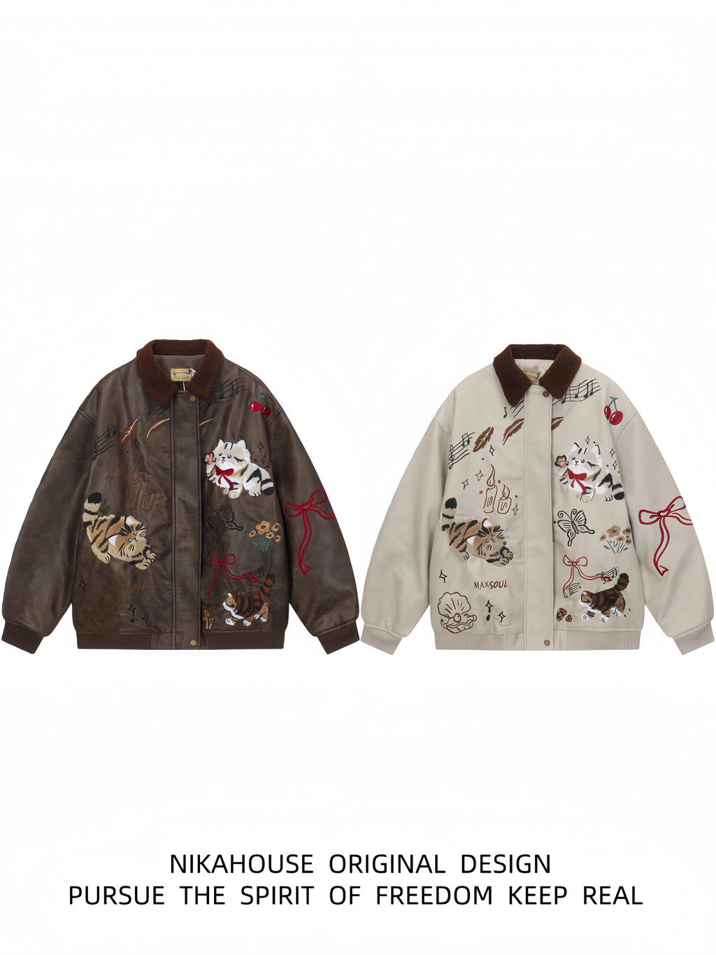 NIKAHOUSE Washed Cute Cat Embroidery Fur Leather Jacket