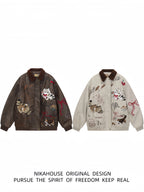 NIKAHOUSE Washed Cute Cat Embroidery Fur Leather Jacket