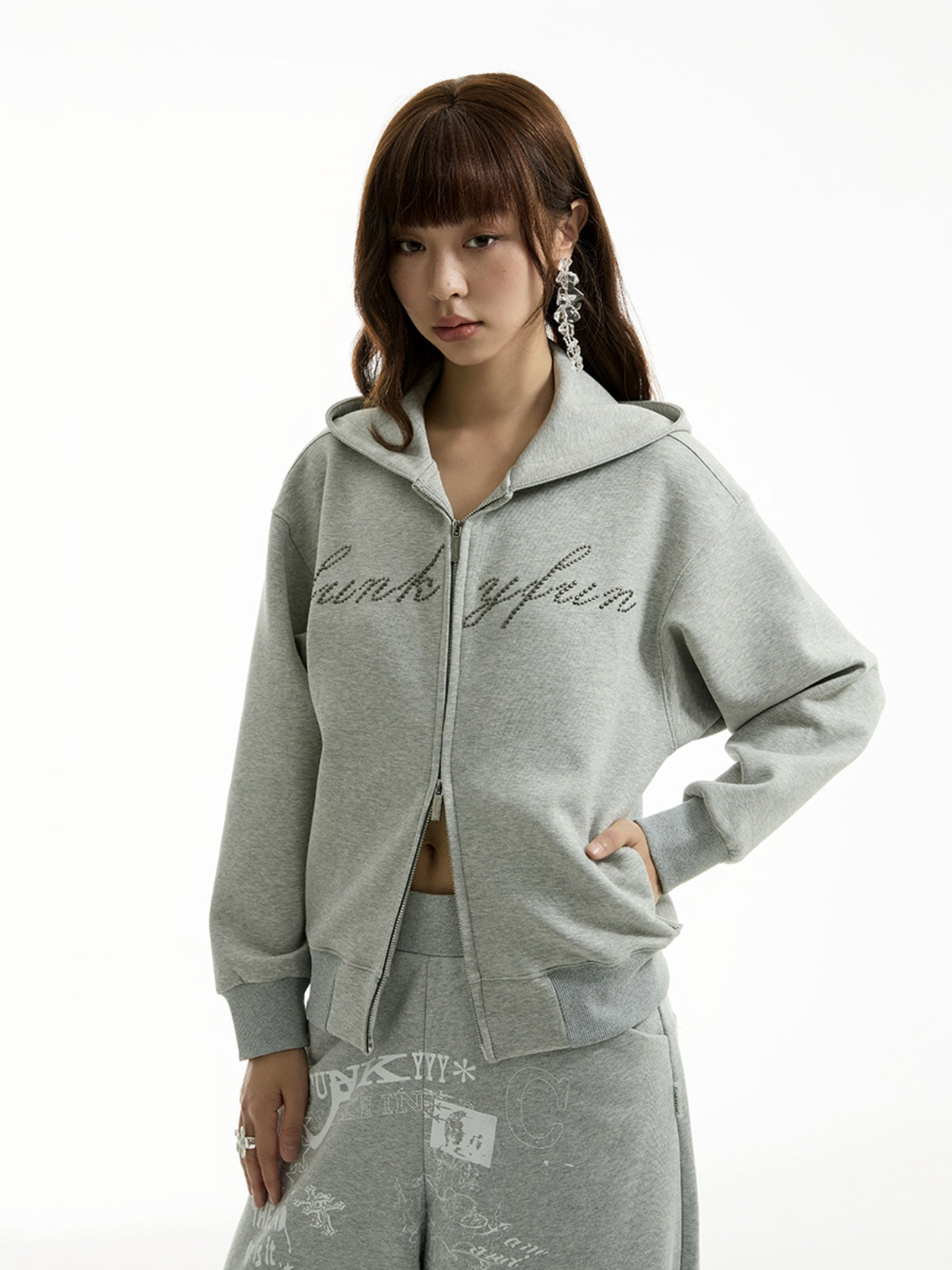 FUNKYFUN 2024AW LOGO Hot Diamond Cardigan Hooded Space Cotton Sweater Jacket