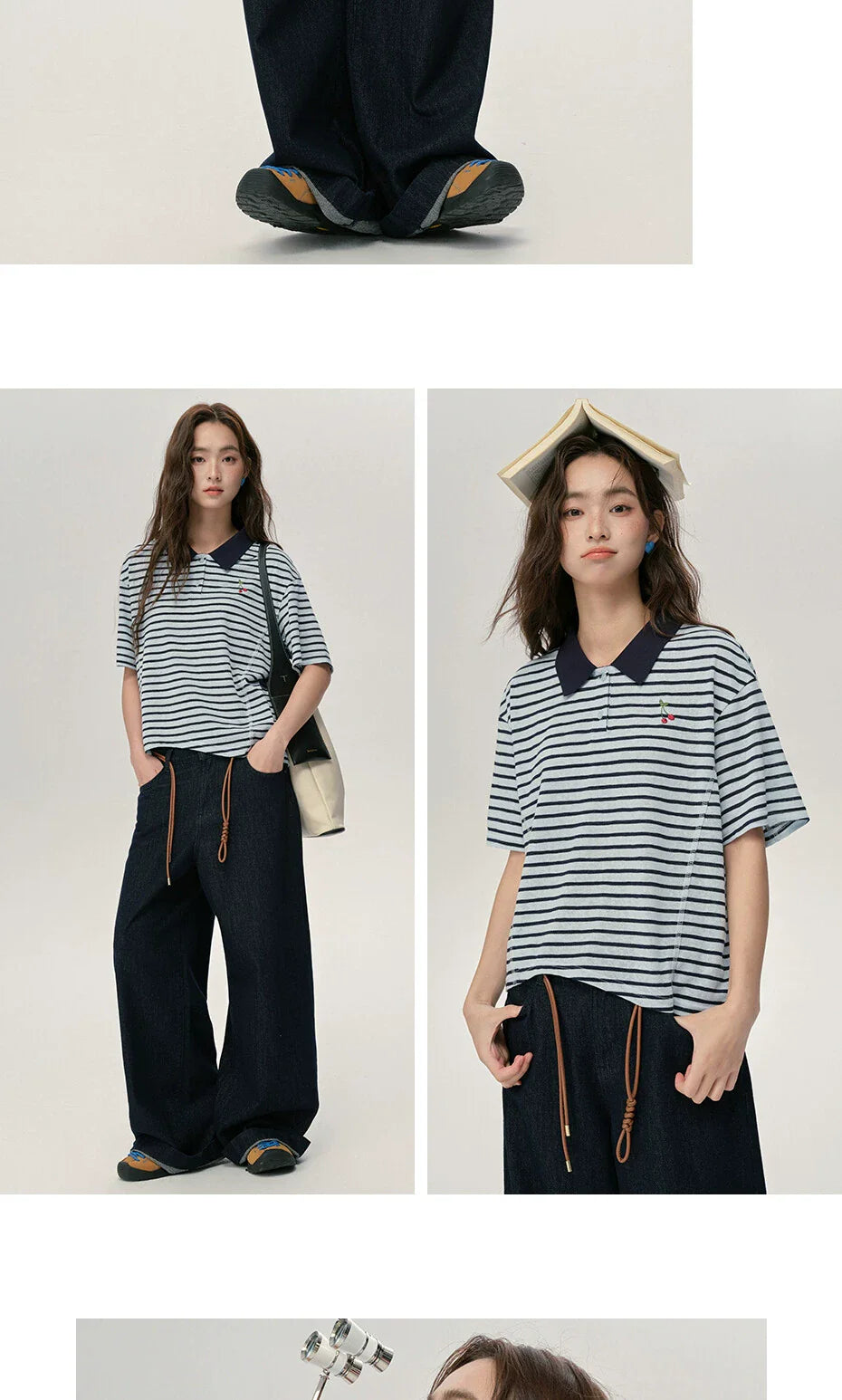 Giordano Contrasting Striped Cherry Embroidered Lapel Tee