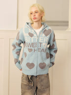 DONSMOKE Love Print Soft Waxy Lazy Contrasting Color Knitted Zipper Jacket