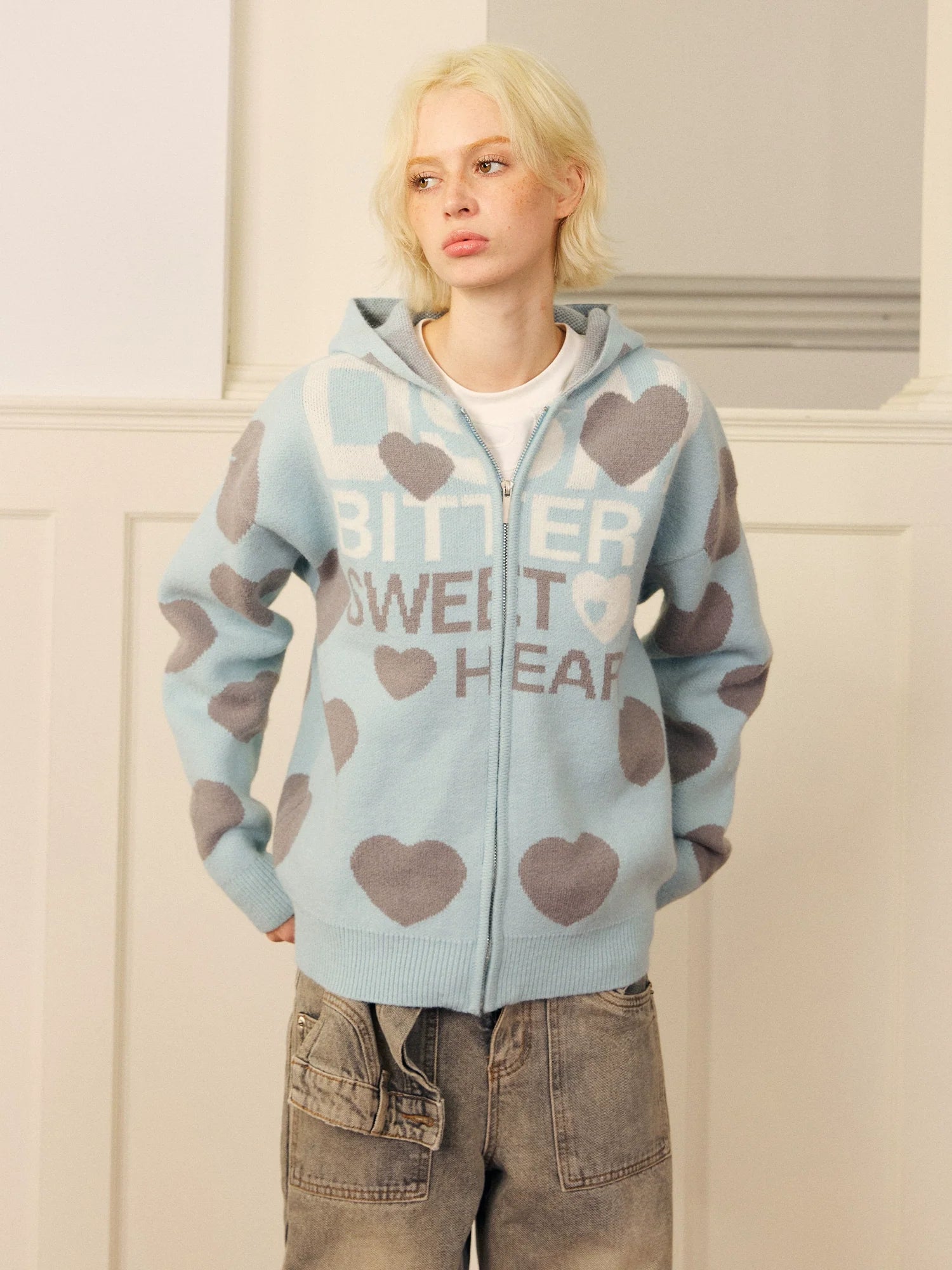 DONSMOKE Love Print Soft Waxy Lazy Contrasting Color Knitted Zipper Jacket