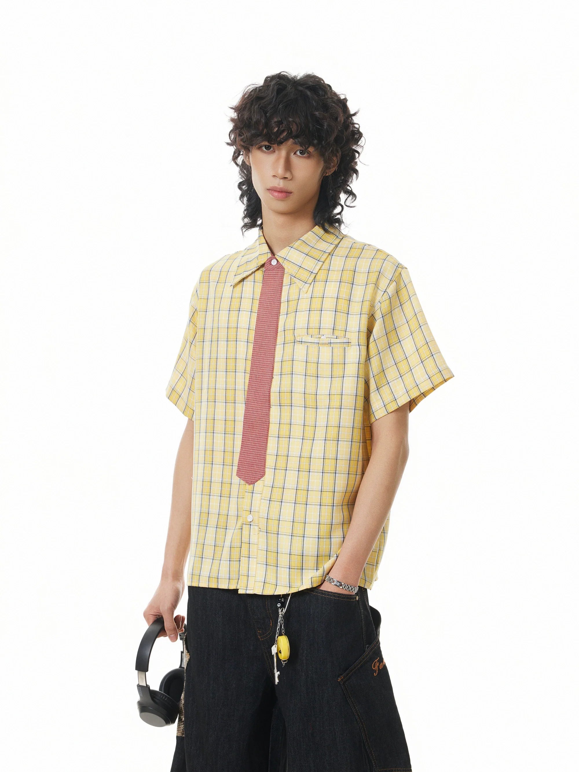 BTSG Detachable Tie Plaid Short Sleeve Shirt