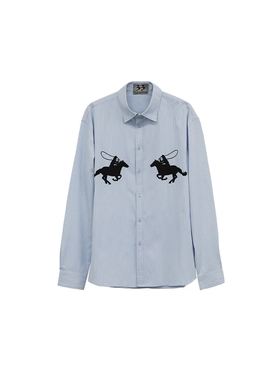 FUZZYKON Lapel Simple Equestrian Print Loose Shirt